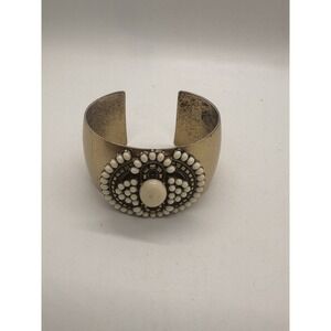 Rare Stella & Dot Statement Brass Cuff Bangle Bracelet Ivory Cabochons Medallion